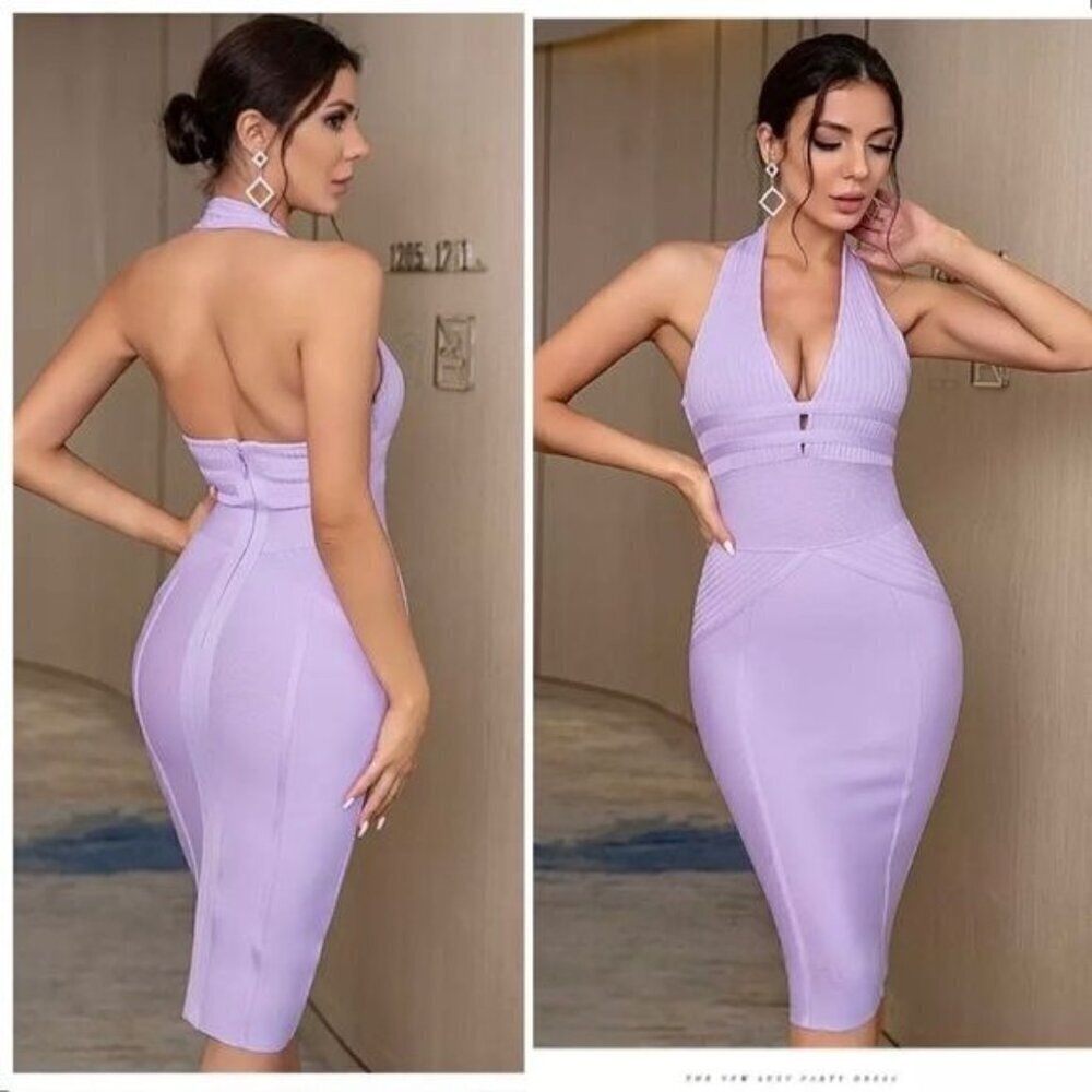 purple halter bodycon bandage dress backless size M